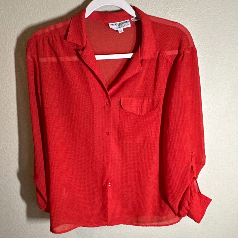 Sophisticated Lady Women’s Blouse Size 11/12 Red Solid Collared Button-Up